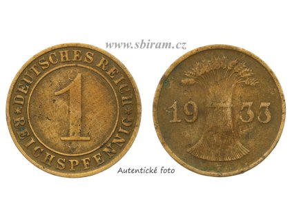 Německo, mince 1 Reichspfennig, 1933 F, stav 1/2