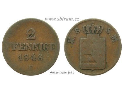 Sasko, mince 2 Pfennige, 1848 F...viz autentické foto