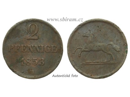 Herzogtum Braunschweig, mince 2 Pfennige, 1853 B...viz autentické foto