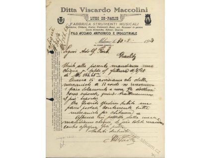 Milano, hlavičkový účet firmy Ditta Viscardo Maccolini, 1921