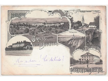 Itálie, Divač (Divacca), 6-ti záběrová litografie, mj. nádraží a hotel, 1898