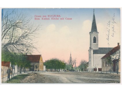 Srbsko, Kuczura, Katolický kostel, škola, cca 1915