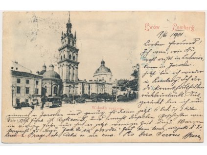 Ukrajina, Lvov (Lwów), Wołoska cerkiew, oživená partie před kostelem, cca 1901