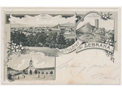 02 - Berounsko, Žebrák, 3 záběrová koláž, pohled na město, Náměstí, Hrad, 1900