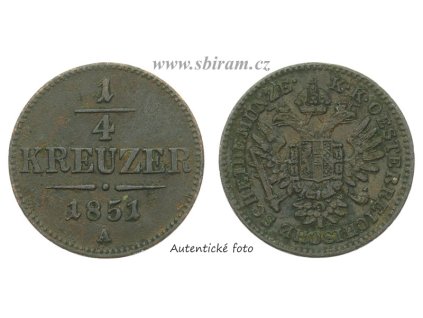Rakousko - Uhersko, mince 1/4 Kreuzer, 1851 A...viz autentické foto