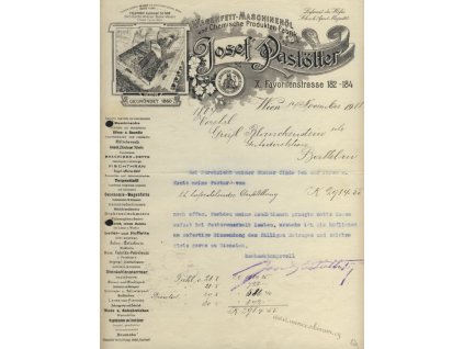 Wien, hlavičkový list firmy Josef Pastötter, 1918