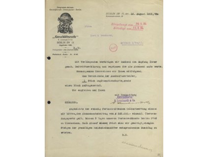 Berlín, hlavičkový list firmy Geschäftsrath, 1923