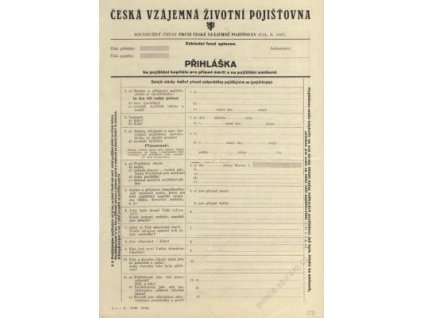 Praha, pojišťovací formulář České vzájemné životní pojišťovny, cca 1930