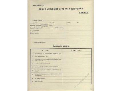 Praha, dotazníkový  formulář České vzájemné životní pojišťovny, cca 1930
