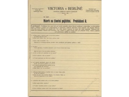 Praha, pojišťovací formulář pojišťovny Viktoria, cca 1930