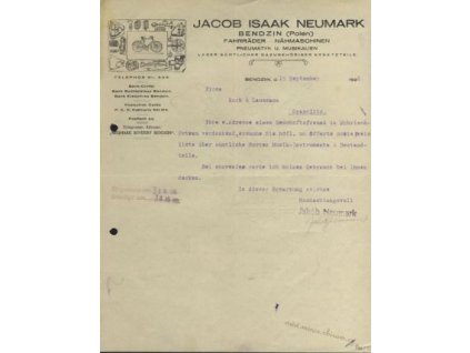 Bendzin, hlavičkový list firmy Jacob Isaak Neumark, 1926