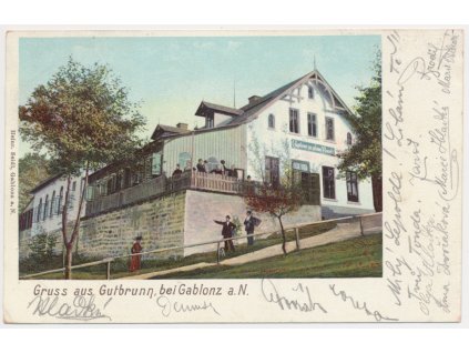 20 - Jablonecko, Dobrá Voda (Gutbrunn), Gasthaus, oživená partie u hostince, 1901