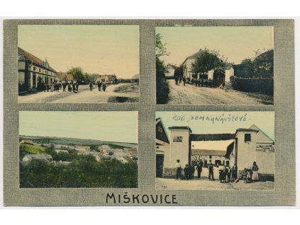 29 - Kolínsko, Miškovice, 4 záběr, oživené partie z obce a celkový pohled, cca 1914