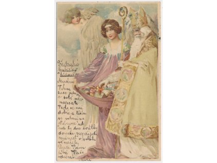 Litografická koláž Ježíška s nadílkou a anděly, 1908