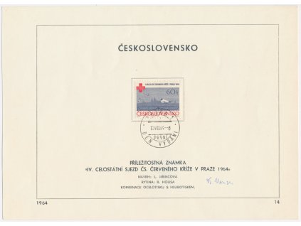 ČSSR, IV. Celostátní sjezd červeného kříže v Praze 1964, pamětní list s orig. známkou, podpis autora známky