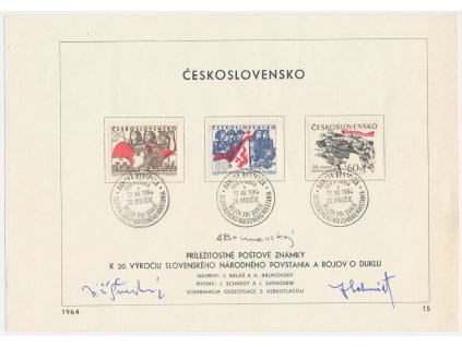 ČSSR, 20. Výročí SNP, 1964, pamětní list s orig. známkou, podpisy autorů známek
