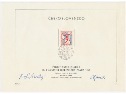 ČSSR,  III. Celostátní spartakiáda Praha, 1965, pamětní list s orig. známkou, podpisy autorů známky