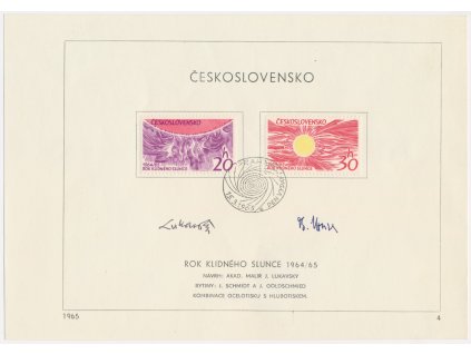 ČSSR, Rok klidného slunce, 1965, pamětní list s orig. známkou, podpisy autorů známek