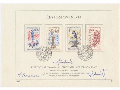 ČSSR,  III. Celostátní spartakiáda 1965, pamětní list s orig. známkou, podpisy autorů známky