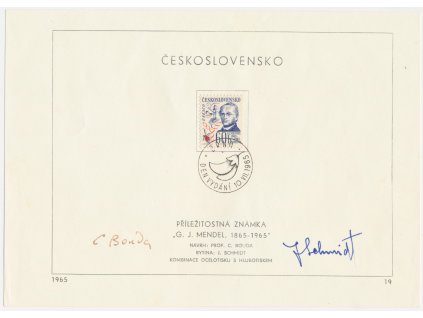 ČSSR, G. J. Mendel, 1965, pamětní list s orig. známkou, podpisy autorů známky