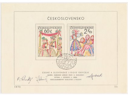ČSSR, České a slovenské lidové obyčeje, 1975, pamětní list s orig. známkou, podpisy autorů známky