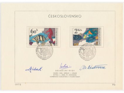 ČSSR, Akvarijní ryby, 1975, pamětní list s orig. známkou, podpisy autorů známky