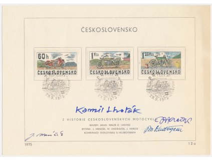 ČSSR, Z historie motocyklů, 1975, pamětní list s orig. známkou, podpisy autorů známky
