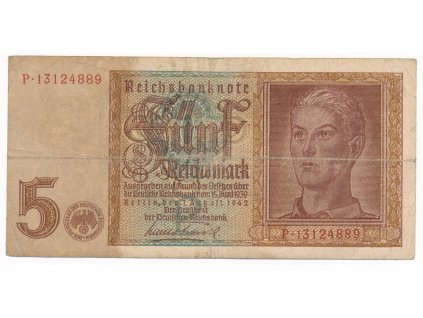 Německo, 5 Reichsmark, 1942, série P, 8-mi místný číslovač, slušná oběhová jakost