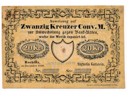 Čechy, Rochlice (Rochlitz), 20 Krejcar, 1848, peněžní poukázka, stopa po lepu, jinak pěkná jakost