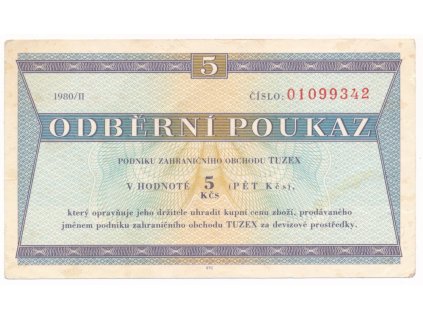 ČSSR, Tuzex, 5 Kčs, 1980 /II., pěkný stav 1