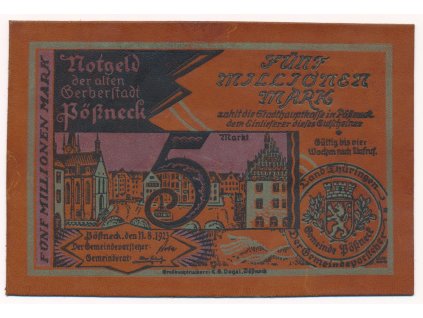Německo, Pösmeck, 50 milionů Marek, 1923, bankovka z kůže, krásná sběratelská jakost 0