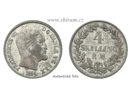 Dánsko, Ag (stříbrná) mince 4 Skilling, 1854...viz autentické foto