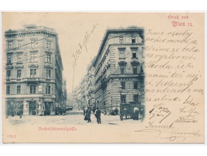 Rakousko, Vídeň (Wien IX.), Sechsschimmelgasse, oživená ulice, cca 1901
