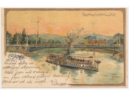 Rakousko, Vídeň (Wien), Stephaniebrücke, parník na řece, cca 1899