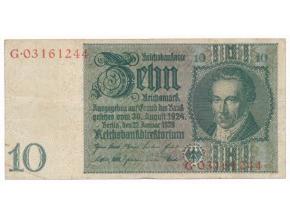Německo, 10 Reichsmark, 1929, série G, slušná oběhová jakost