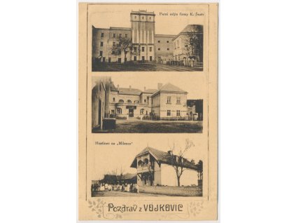 35 - Mělnicko, Vojkovice, 3 záběr, mj. Hostinec, Parní mlýn..., cca 1913