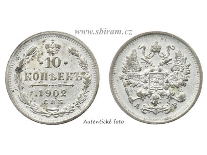 Rusko, Ag (stříbrná) mince 10 Kopějka, 1902...viz autentické foto