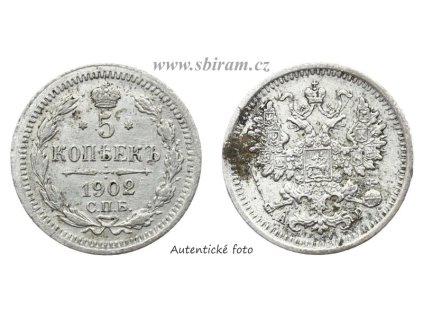 Rusko, Ag (stříbrná) mince 5 Kopějka, 1902...viz autentické foto