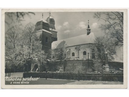 75 - Žďársko, Velká Bíteš, Vánoční pozdrav, partie s kostelem, cca 1935