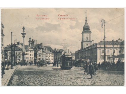 Polsko, Varšava (Warszawa), Plac Zamkovy, oživená ulice s tramvají, 1914