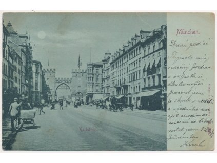 Německo, Mnichov (München), Karlsthor, oživená ulice, 1898