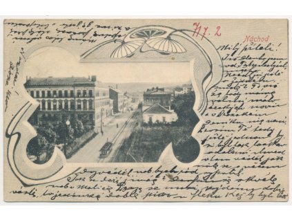38 - Náchod, okénková koláž s pohledem na město, tramvaj..., cca 1902