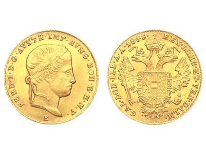 Ferdinand V., Au (zlatá) mince 1 Dukát, 1848 E (Karlsburg), váha 3,49 gramu, zbytky ražebního lesku v plochách, krásná sběratelská jakost -0/0-
