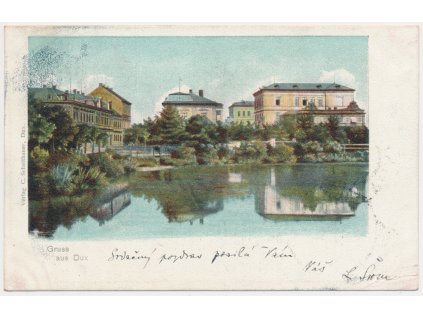 65 - Teplicko, Duchcov, partie u rybníku s pohledem na město, cca 1901