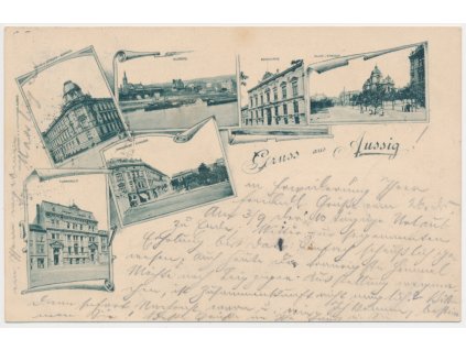 69 - Ústí nad Labem, 6-ti záběrová koláž dominant, prošlá poštou 1897