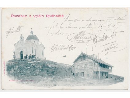 71 - Vsetínsko, Pozdrav z Radhoště, oživené Pustevny, prošlá poštou, 1901