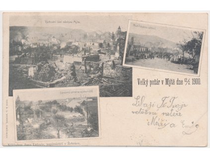 56 - Rokycansko, Mýto, 3 okénková koláž města po ničivém požáru, "Velký požár 12.7. 1900"