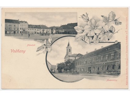 60 - Strakonicko, Vodňany, 2 záběrová koláž oživených partií, mj. Nemocnice, cca 1900