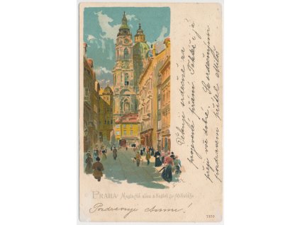 49 - Praha, koláž, oživená Mostecká ulice a Kostel sv. Mikuláše, cca 1900