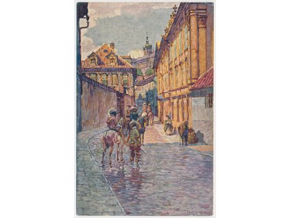 49 - Praha, oživená Valdštýnská ulička, dle malíře A. Wierera, 1912